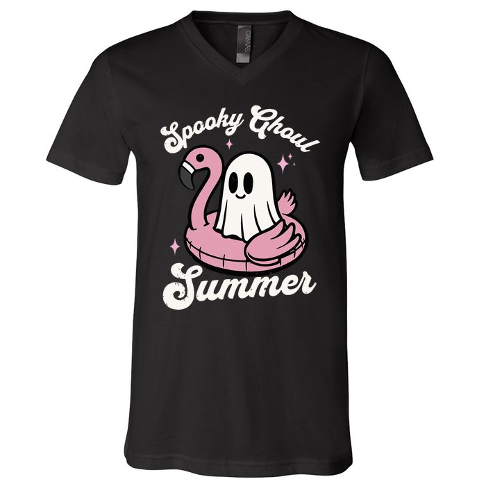 Spooky Ghoul Summer Cute Ghost Flamingo Summer Vibes Beach V-Neck T-Shirt