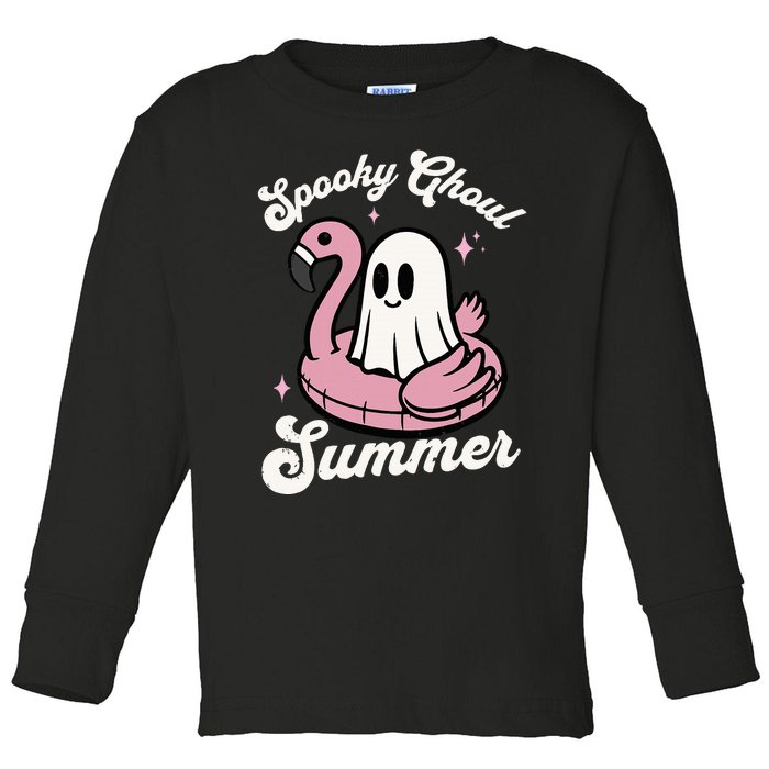 Spooky Ghoul Summer Cute Ghost Flamingo Summer Vibes Beach Toddler Long Sleeve Shirt