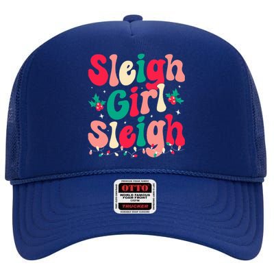 Sleigh Girl Sleigh Christmas Retro Groovy Xmas Pjs Holiday  High Crown Mesh Back Trucker Hat