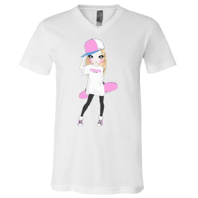 Skater Girl Skateboard Skateboarding V-Neck T-Shirt