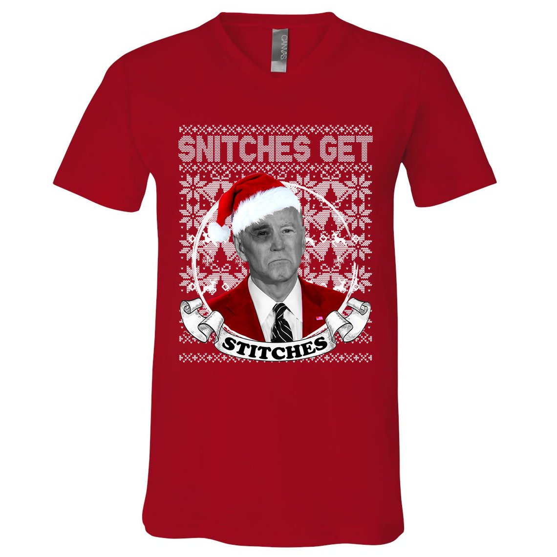 Snitches Get Stitches Funny Biden Elf Ugly Christmas V-Neck T-Shirt