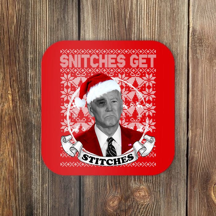 Snitches Get Stitches Funny Biden Elf Ugly Christmas Coaster