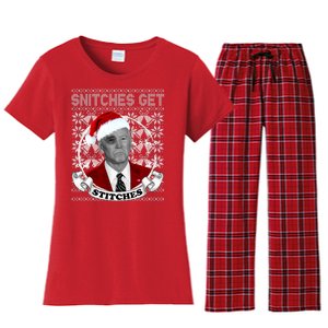 Snitches Get Stitches Funny Biden Elf Ugly Christmas Women's Flannel Pajama Set