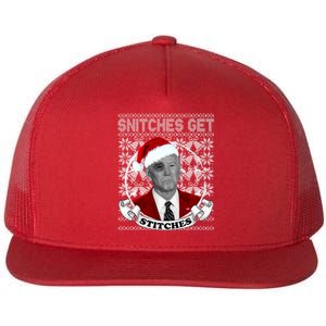 Snitches Get Stitches Funny Biden Elf Ugly Christmas Flat Bill Trucker Hat