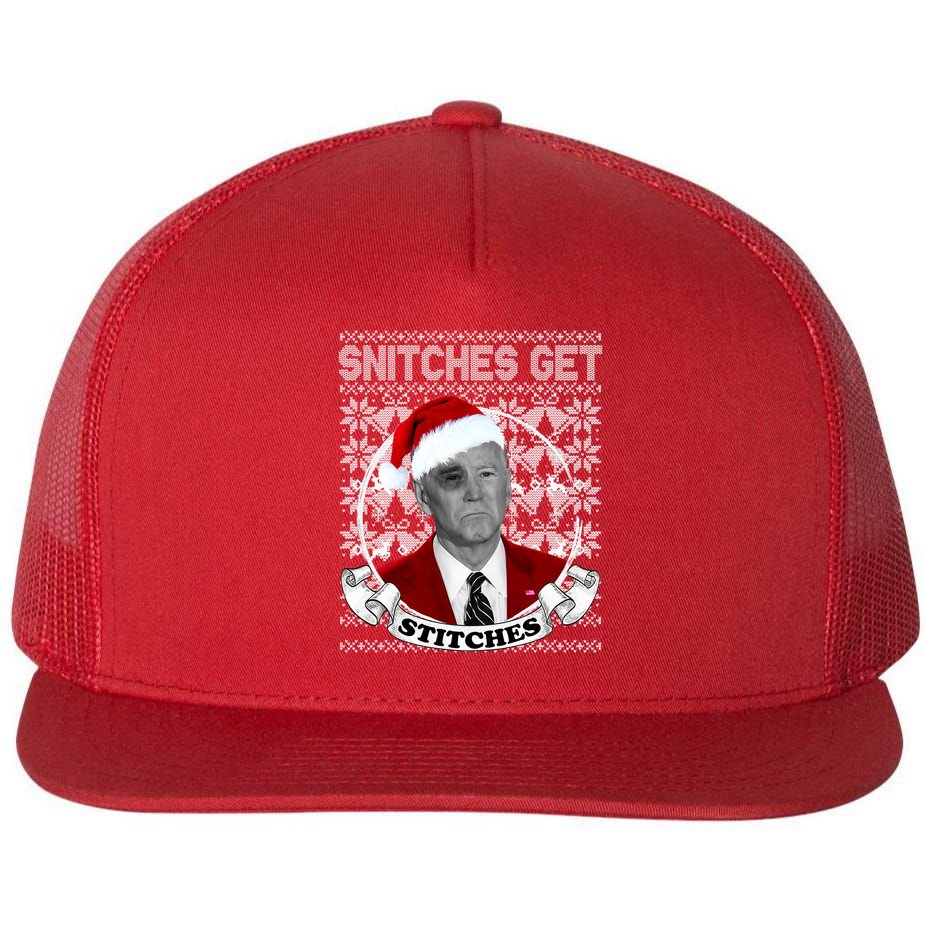Snitches Get Stitches Funny Biden Elf Ugly Christmas Flat Bill Trucker Hat