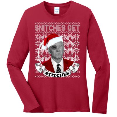 Snitches Get Stitches Funny Biden Elf Ugly Christmas Ladies Long Sleeve Shirt