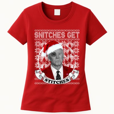 Snitches Get Stitches Funny Biden Elf Ugly Christmas Womens T-Shirt