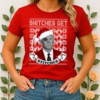 Snitches Get Stitches Funny Biden Elf Ugly Christmas Womens T-Shirt
