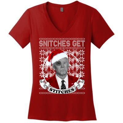 Snitches Get Stitches Funny Biden Elf Ugly Christmas Women's V-Neck T-Shirt