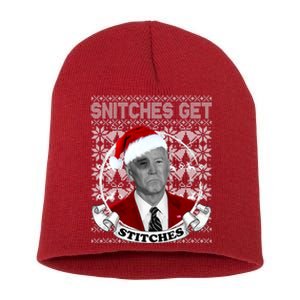 Snitches Get Stitches Funny Biden Elf Ugly Christmas Short Acrylic Beanie