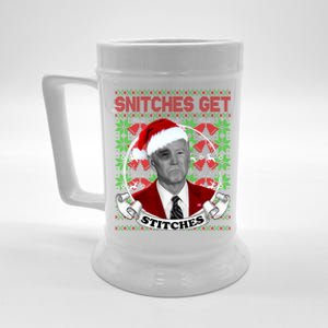 Snitches Get Stitches Funny Biden Elf Ugly Christmas Beer Stein