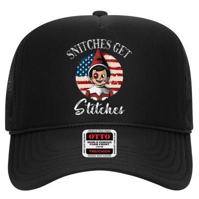 Snitches Get Stitches Funny US Flag Christmas High Crown Mesh Back Trucker Hat