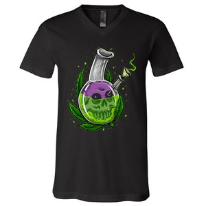 Stoner Gift Smoking Weed Leaf & Skull Marijuana V-Neck T-Shirt