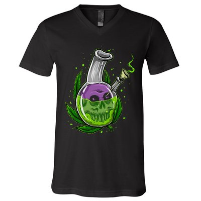 Stoner Gift Smoking Weed Leaf & Skull Marijuana V-Neck T-Shirt