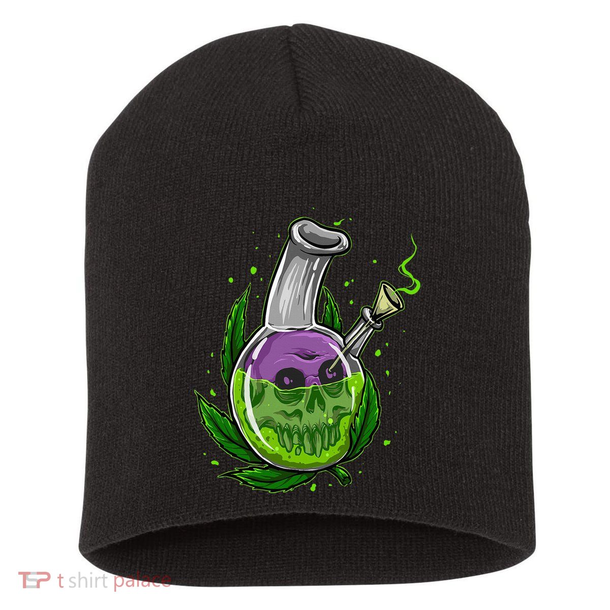 Stoner Gift Smoking Weed Leaf & Skull Marijuana Short Acrylic Beanie