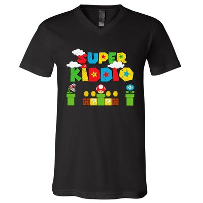 Super Gamer Super Kiddio Funny Retro Vintage V-Neck T-Shirt