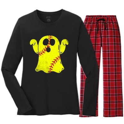 Softball Ghost Softball Lover Halloween Costume Women's Long Sleeve Flannel Pajama Set 