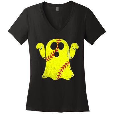 Softball Ghost Softball Lover Halloween Costume Women's V-Neck T-Shirt