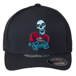 Scary Gamer Skeleton Playing Video Games Graphic Flexfit Unipanel Trucker Cap