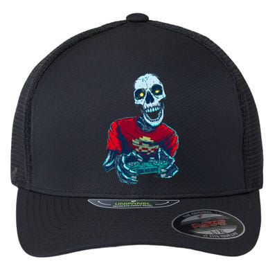 Scary Gamer Skeleton Playing Video Games Graphic Flexfit Unipanel Trucker Cap