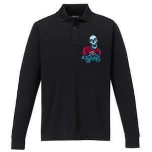 Scary Gamer Skeleton Playing Video Games Graphic Performance Long Sleeve Polo