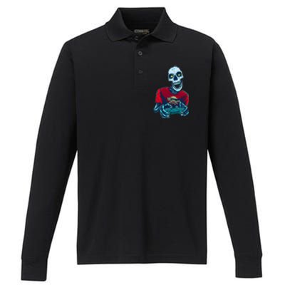 Scary Gamer Skeleton Playing Video Games Graphic Performance Long Sleeve Polo