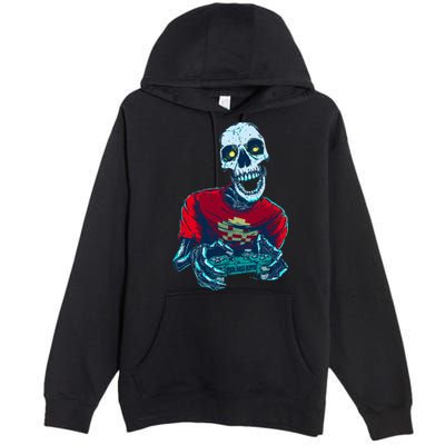 Scary Gamer Skeleton Playing Video Games Graphic Premium Pullover Hoodie