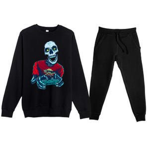 Scary Gamer Skeleton Playing Video Games Graphic Premium Crewneck Sweatsuit Set