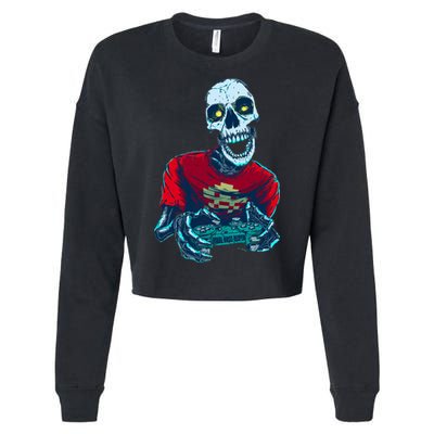 Scary Gamer Skeleton Playing Video Games Graphic Cropped Pullover Crew