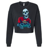 Scary Gamer Skeleton Playing Video Games Graphic Cropped Pullover Crew