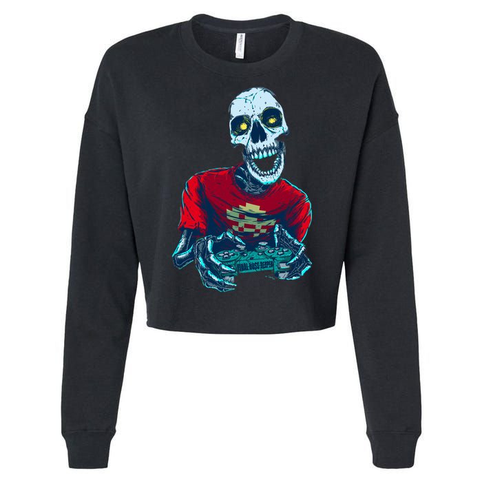 Scary Gamer Skeleton Playing Video Games Graphic Cropped Pullover Crew