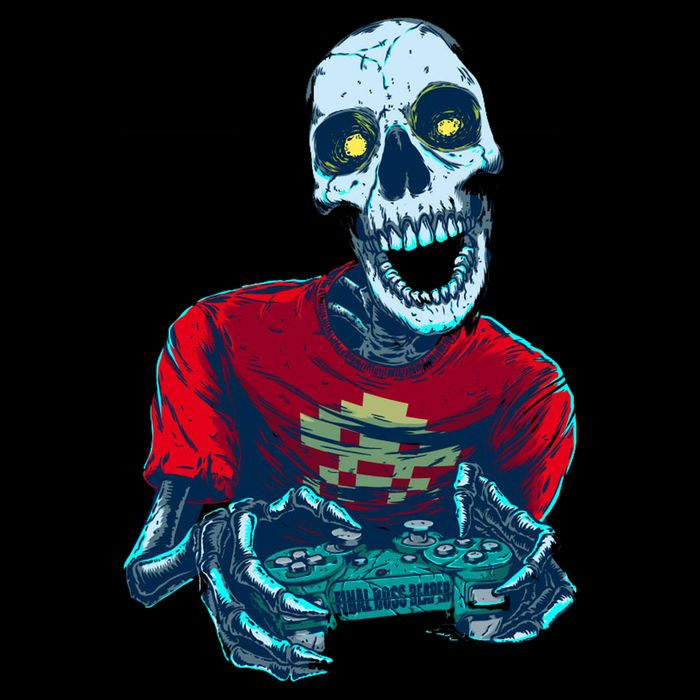 Scary Gamer Skeleton Playing Video Games Graphic Cropped Pullover Crew