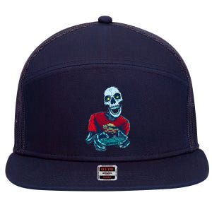 Scary Gamer Skeleton Playing Video Games Graphic 7 Panel Mesh Trucker Snapback Hat