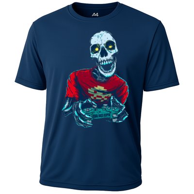 Scary Gamer Skeleton Playing Video Games Graphic Performance Shirt