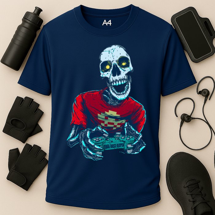 Scary Gamer Skeleton Playing Video Games Graphic Cooling Performance Crew T-Shirt