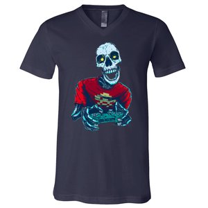 Scary Gamer Skeleton Playing Video Games Graphic V-Neck T-Shirt