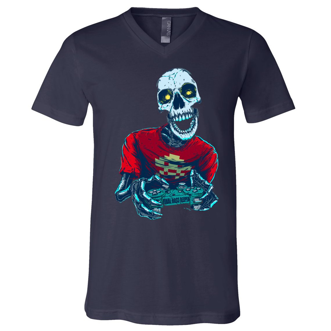 Scary Gamer Skeleton Playing Video Games Graphic V-Neck T-Shirt