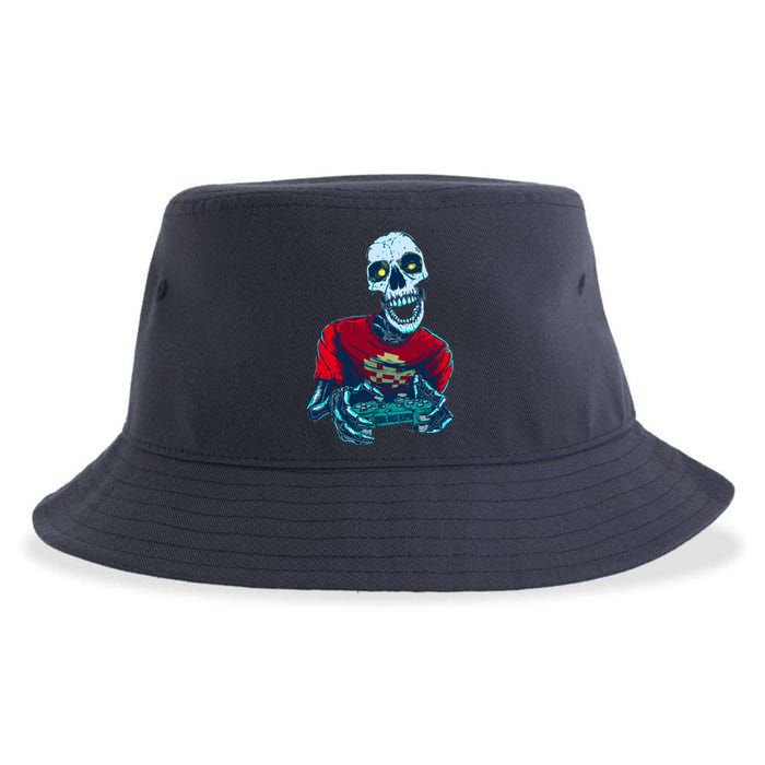 Scary Gamer Skeleton Playing Video Games Graphic Sustainable Bucket Hat