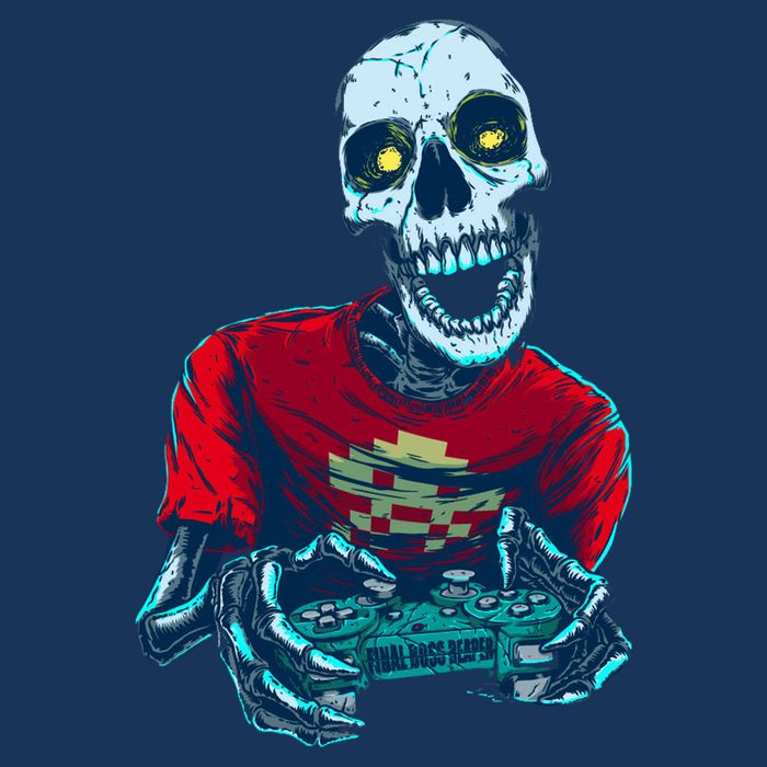 Scary Gamer Skeleton Playing Video Games Graphic Button