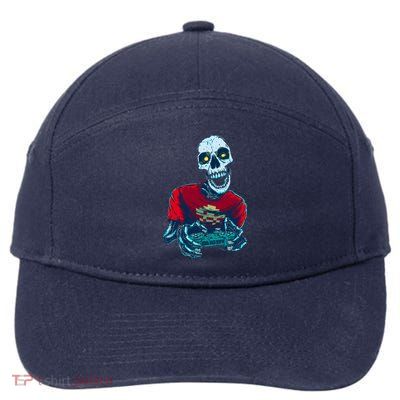Scary Gamer Skeleton Playing Video Games Graphic 7-Panel Snapback Hat
