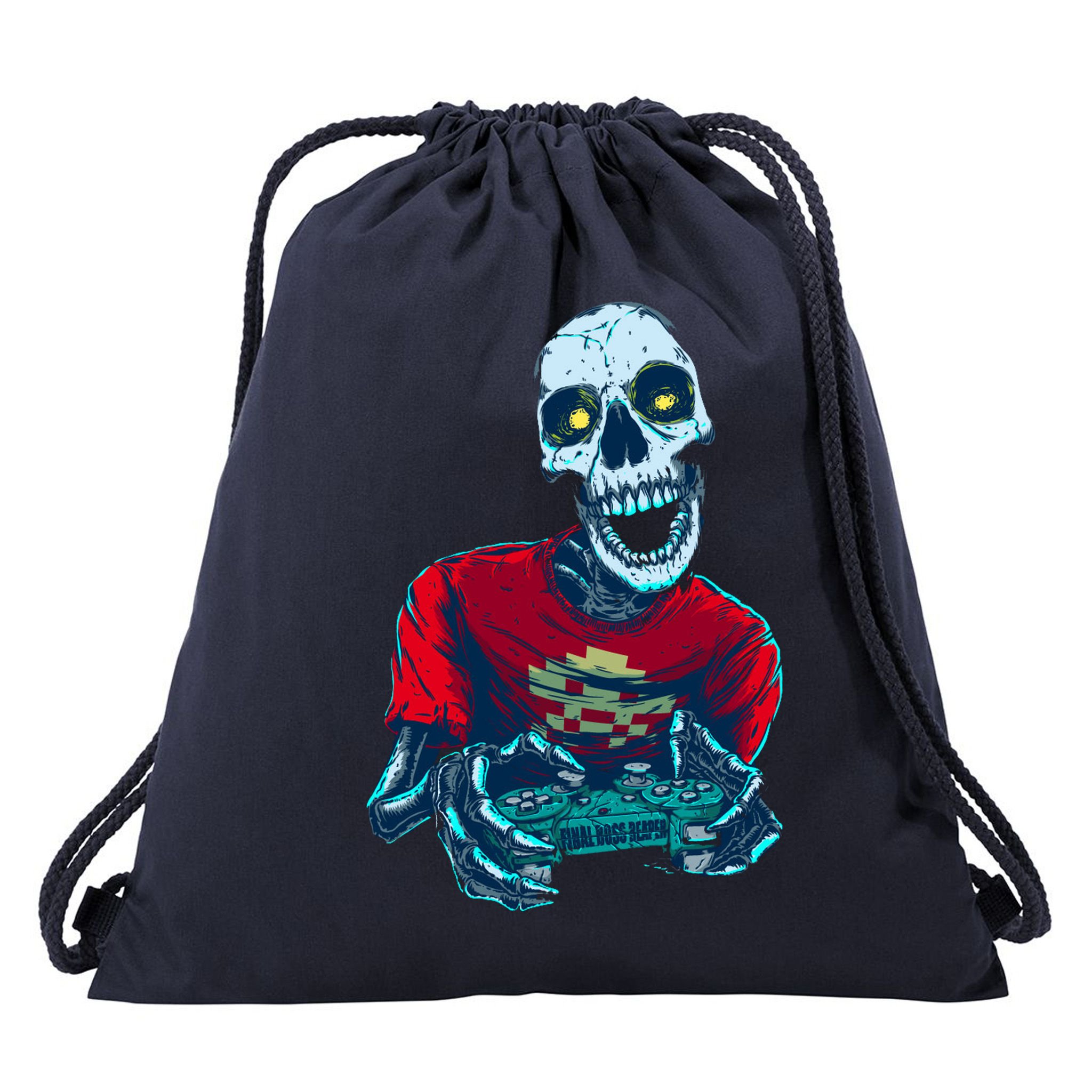 Scary Gamer Skeleton Playing Video Games Graphic Drawstring Bag