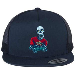 Scary Gamer Skeleton Playing Video Games Graphic Flat Bill Trucker Hat