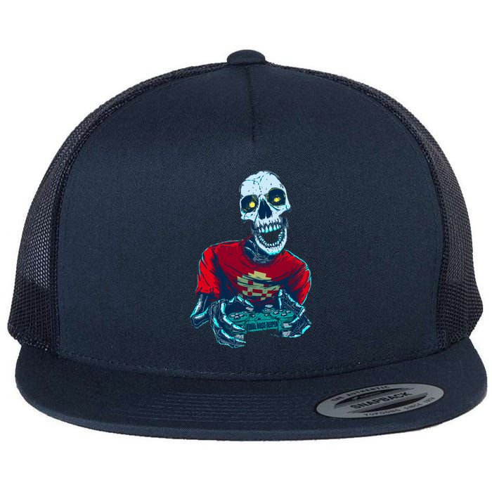 Scary Gamer Skeleton Playing Video Games Graphic Flat Bill Trucker Hat