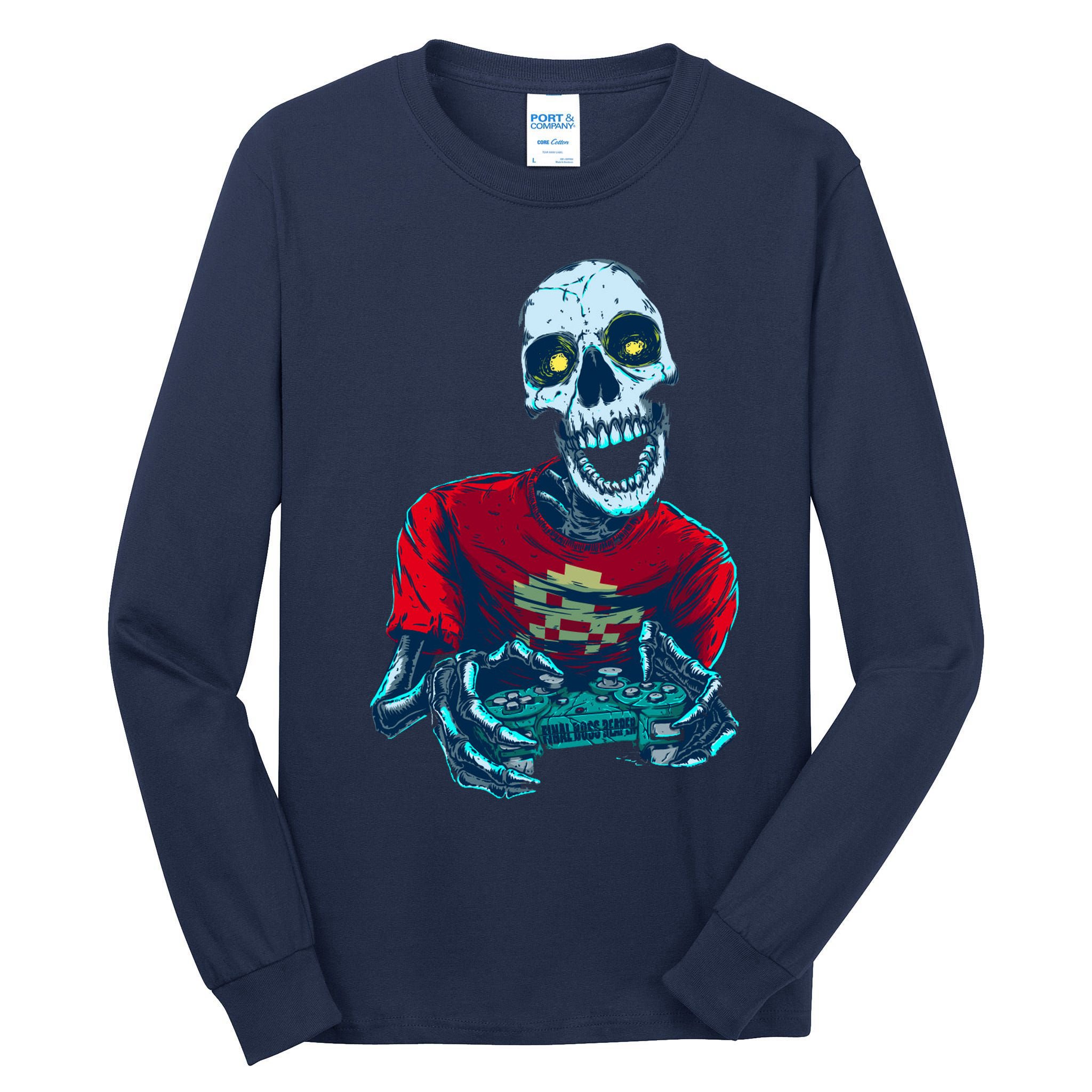 Scary Gamer Skeleton Playing Video Games Graphic Tall Long Sleeve T-Shirt