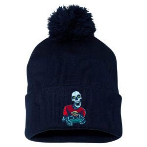 Scary Gamer Skeleton Playing Video Games Graphic Pom Pom 12in Knit Beanie