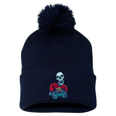 Scary Gamer Skeleton Playing Video Games Graphic Pom Pom 12in Knit Beanie