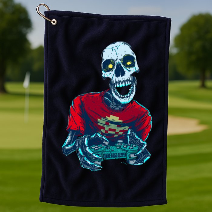 Scary Gamer Skeleton Playing Video Games Graphic Golf Towel
