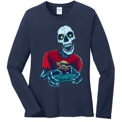 Scary Gamer Skeleton Playing Video Games Graphic Ladies Long Sleeve Shirt