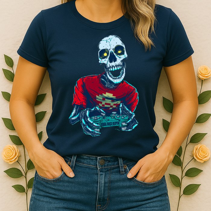 Scary Gamer Skeleton Playing Video Games Graphic Womens T-Shirt