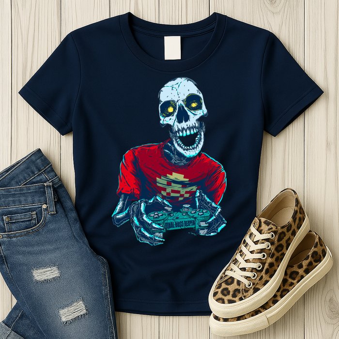 Scary Gamer Skeleton Playing Video Games Graphic Womens T-Shirt